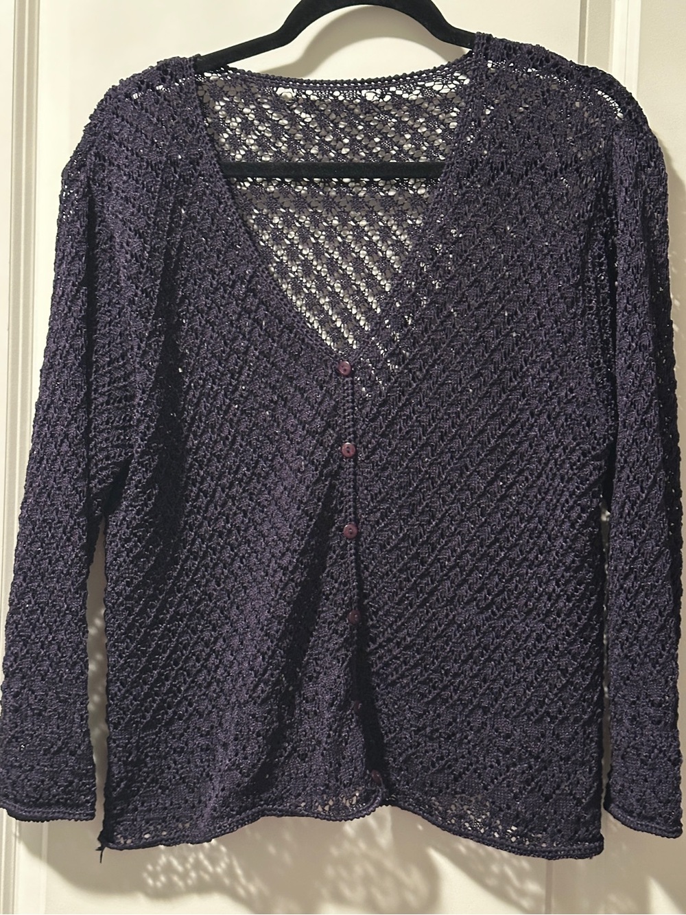 Women’s Open-Knit V-Neck Button Cardigan Sweater - Dark Purple